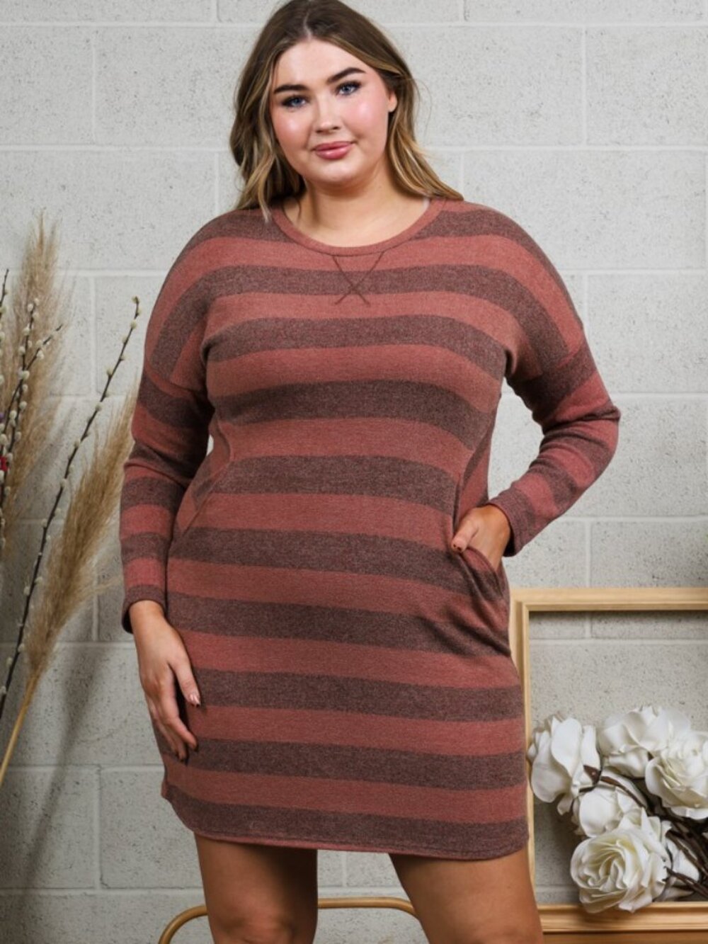 Veveret Brick Striped Plus Size Knit Dress w/ Pockets | NWOT | 1X 2X 3X
